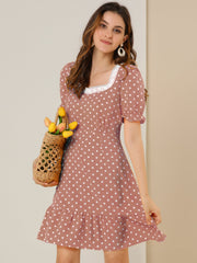 Summer Sweetheart Neck Ruffled Hem Puff Short Sleeve Polka Dots Dress