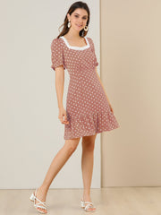 Summer Sweetheart Neck Ruffled Hem Puff Short Sleeve Polka Dots Dress