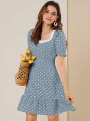 Summer Sweetheart Neck Ruffled Hem Puff Short Sleeve Polka Dots Dress