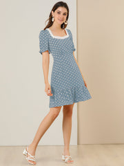 Summer Sweetheart Neck Ruffled Hem Puff Short Sleeve Polka Dots Dress