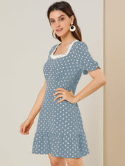 Summer Sweetheart Neck Ruffled Hem Puff Short Sleeve Polka Dots Dress