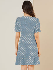 Summer Sweetheart Neck Ruffled Hem Puff Short Sleeve Polka Dots Dress