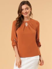 Office Keyhole Pleated Front Ruched 3/4 Sleeve Chiffon Blouse