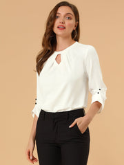 Office Keyhole Pleated Front Ruched 3/4 Sleeve Chiffon Blouse