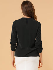 Office Keyhole Pleated Front Ruched 3/4 Sleeve Chiffon Blouse