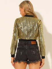 Metallic Sequin Shiny Zip Up Party Sparkly Crop Bomber Jacket