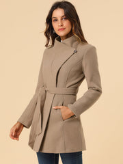 Classic Stand Collar Long Sleeve Belted Winter Coat