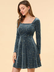 Christmas Stars Square Neck Vintage Velvet Mini Dress