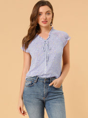 Ditsy Floral Print Chiffon Short Sleeve Ruffle Blouse