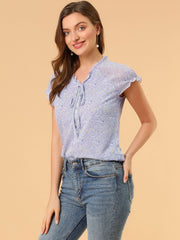 Ditsy Floral Print Chiffon Short Sleeve Ruffle Blouse