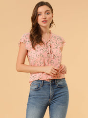 Ditsy Floral Print Chiffon Short Sleeve Ruffle Blouse