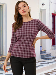 Work Office 3/4 Sleeve Boat Neck Houndstooth Printed Top Blouse