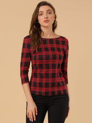 Work Office 3/4 Sleeve Boat Neck Houndstooth Printed Top Blouse