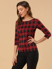 Work Office 3/4 Sleeve Boat Neck Houndstooth Printed Top Blouse