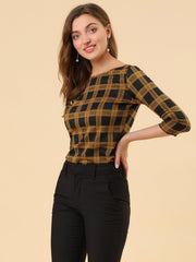 Work Office 3/4 Sleeve Boat Neck Houndstooth Printed Top Blouse