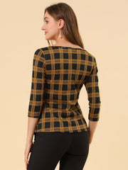 Work Office 3/4 Sleeve Boat Neck Houndstooth Printed Top Blouse