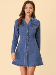 Button Down Collar V Neck Long Sleeve A-line Jean Denim Dress