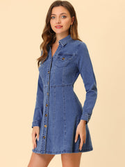 Button Down Collar V Neck Long Sleeve A-line Jean Denim Dress