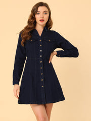 Button Down Collar V Neck Long Sleeve A-line Jean Denim Dress