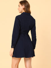 Button Down Collar V Neck Long Sleeve A-line Jean Denim Dress