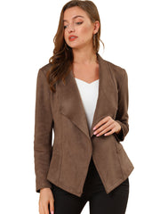 Faux Suede Jacket Open Front Lapel Draped Outwear Cardigan