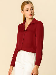 Satin V Neck Long Sleeve Silky Office Work Solid Shirt