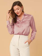 Satin V Neck Long Sleeve Silky Office Work Solid Shirt