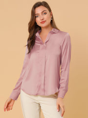 Satin V Neck Long Sleeve Silky Office Work Solid Shirt
