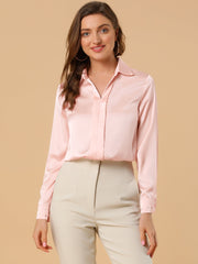 Satin V Neck Long Sleeve Silky Office Work Solid Shirt