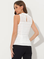 Lace Floral Ruffle Neck Keyhole Back Sleeveless Peplum Top