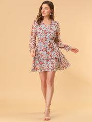 Long Sleeve V Neck Elastic Waist Ruffle Hem Chiffon Floral Dress