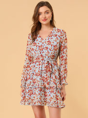 Long Sleeve V Neck Elastic Waist Ruffle Hem Chiffon Floral Dress