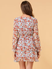 Long Sleeve V Neck Elastic Waist Ruffle Hem Chiffon Floral Dress