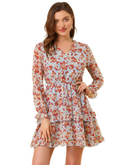 Long Sleeve V Neck Elastic Waist Ruffle Hem Chiffon Floral Dress