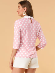 Polka Dots Contrast Peter Pan Collar Top 3/4 Sleeve Blouse Shirt