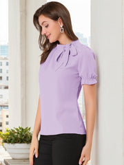 Bow Tie Neck Elegant Office Short Sleeve Blouse