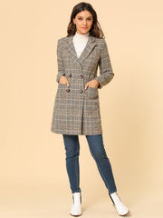 Double Breasted Notched Lapel Plaid Trench Blazer Coat