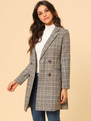 Double Breasted Notched Lapel Plaid Trench Blazer Coat
