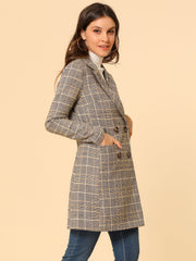 Double Breasted Notched Lapel Plaid Trench Blazer Coat