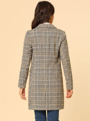 Double Breasted Notched Lapel Plaid Trench Blazer Coat