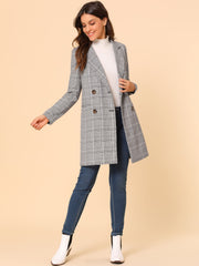 Double Breasted Notched Lapel Plaid Trench Blazer Coat