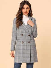 Double Breasted Notched Lapel Plaid Trench Blazer Coat
