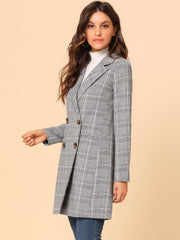 Double Breasted Notched Lapel Plaid Trench Blazer Coat