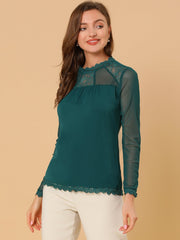 Lace Mesh Long Sleeve Top Round Neck Casual Elegant Blouse