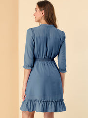 Ruffle Hem 3/4 Sleeve A-Line Smocked Midi Chiffon Dress