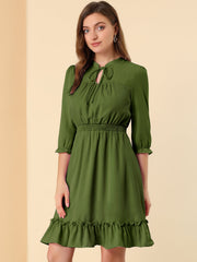 Ruffle Hem 3/4 Sleeve A-Line Smocked Short Chiffon Dress