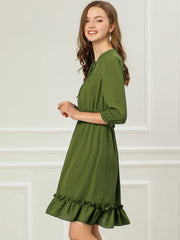 Ruffle Hem 3/4 Sleeve A-Line Smocked Short Chiffon Dress