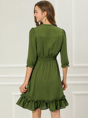 Ruffle Hem 3/4 Sleeve A-Line Smocked Short Chiffon Dress