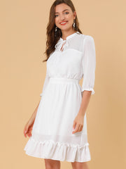 Ruffle Hem 3/4 Sleeve A-Line Smocked Midi Chiffon Dress