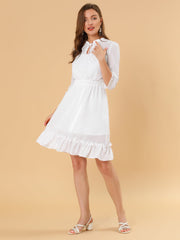 Ruffle Hem 3/4 Sleeve A-Line Smocked Midi Chiffon Dress